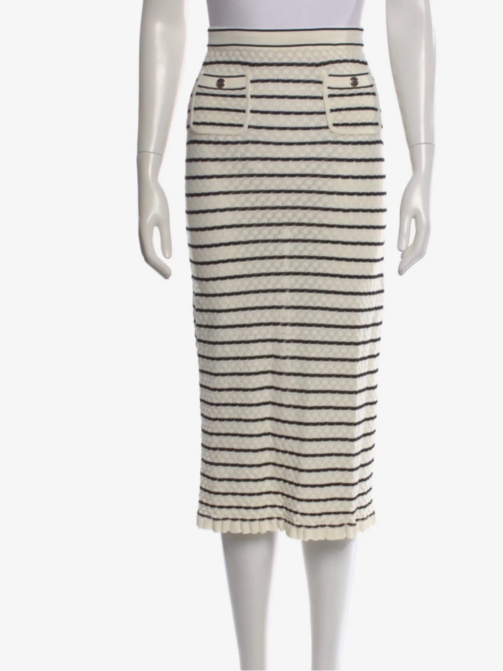 SANDRO Cream and Black Striped Knit Midi Skirt